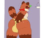 anthro asian_clothing balls belly big_balls big_belly bodily_fluids bottomwear canid canine clothed clothing digital_media_(artwork) fur genitals hair hand_on_butt headgear hi_res kemono leaf male mammal partially_clothed raccoon_dog rear_view red_eyes sdscrib simple_background solo sweat sweatdrop tanuki underwear