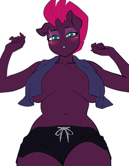 anthro big_breasts blue_eyes bottle bottomwear breasts broken_horn clothing container eye_scar facial_scar female hair horn hotpants looking_at_viewer nipple_outline purple_body purple_hair scar shorts simple_background solo towel towel_around_neck white_background pia-sama friendship_is_magic hasbro my_little_pony my_little_pony:_the_movie_(2017) mythology lush tempest_shadow_(mlp) equid equine mammal mythological_creature mythological_equine unicorn hi_res