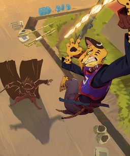 3_toes action_pose angry anthro arnis barefoot belt bottomwear bracelet brown_body brown_fur cape claws clenched_teeth clothing collar denim denim_bottomwear denim_clothing detailed_background duo fedora feet female finger_claws fur glowing glowing_weapon green_eyes hat hat_over_eyes head_tuft headgear headwear high-angle_view holding_object holding_weapon jacket jeans jersey jewelry leather leather_clothing leather_jacket leather_topwear long_sleeves looking_at_another looking_down male markings midair narrowed_eyes pants pawpads paws pose sharp_teeth shirt shorts spots spotted_body spotted_fur spread_toes squint striped_markings stripes teeth toe_claws toes topwear torn_bottomwear torn_clothing torn_jeans torn_pants tuft weapon yellow_body yellow_fur ruffu pepper_in_the_sandbox asukaru_(ruffu) pepper_(ruffu) unnamed_character canid canine felid feline mammal serval digital_drawing_(artwork) digital_media_(artwork)