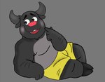 anthro belly black_body blush bottomwear clothing horn male overweight overweight_male shorts simple_background sitting solo anicrossbear the_human_heart_(game) tyler_laurent bovid bovine cattle mammal 2021