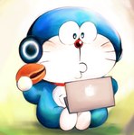 anthro blue_body blue_fur collar computer dorayaki electronics food fur headphones holding_food holding_object machine male mouth_closed pouch_(anatomy) red_collar red_nose sitting solo whiskers white_body white_fur mt_tg apple_inc. apple_macintosh doraemon macbook doraemon_(character) domestic_cat felid feline felis mammal robot 2022 shaded