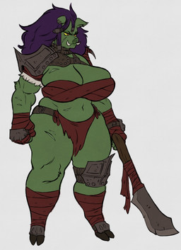 anthro armor big_breasts bottomwear breasts chest_wraps cleavage cleavage_overflow clothed clothing curvy_figure female green_body green_ears green_skin hair hand_wraps hooves huge_breasts leg_wraps loincloth long_hair navel purple_hair red_eyes scar simple_background solo spaulder thick_thighs tusks voluptuous weapon white_background wraps yellow_sclera roly humanoid mammal orc suid suine sus_(pig) wild_boar 2019 digital_media_(artwork) hi_res