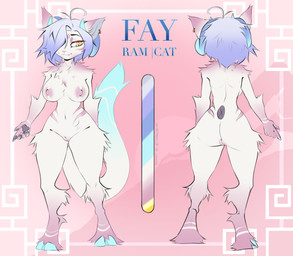 5_fingers anthro big_breasts big_butt blue_horn breasts butt female female_anthro fingers fluffy fluffy_hair fur genitals hair hooves horn markings nipples pink_body pink_fur short_hair solo standing vulva white_body white_fur wide_hips junglebeeart amaverse fay_(ama) bovid caprine domestic_cat felid feline felis hybrid mammal sheep absurd_res hi_res model_sheet