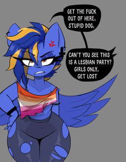 angry annoyed anthro big_butt biped breasts butt dialogue female female_anthro lesbian_pride_colors lgbt_pride pride_colors profanity solo text thick_thighs wings ri_denueth hasbro my_little_pony mythology fan_character shina_(denueth) equid equine mammal mythological_creature mythological_equine pegasus english_text hi_res