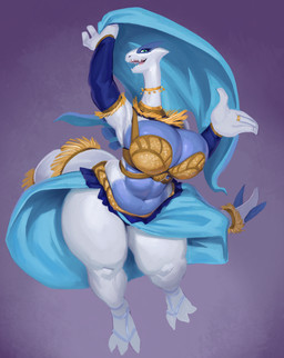 anthro anthrofied belly_dancer big_breasts blue_body breasts clothed clothing curvy_figure female huge_breasts open_mouth overweight overweight_anthro overweight_female pokemorph skimpy solo standing teeth thick_thighs voluptuous white_body wide_hips mainlinemojo nintendo pokemon generation_2_pokemon legendary_pokemon lugia pokemon_(species) absurd_res full-length_portrait hi_res portrait