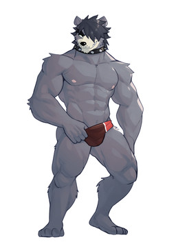 anthro areola biped bulge clothed clothing collar feet fingers front_view fur grey_body grey_fur grey_hair hair hair_over_eye humanoid_feet humanoid_hands looking_aside male muscular muscular_anthro muscular_arms muscular_legs muscular_male nipples pecs plantigrade pose short_hair simple_background smile smirk smug snaggle_tooth solo spiked_collar spikes standing toes topless topless_anthro topless_male underwear underwear_only white_background jrjresq marsh_(jrjresq) bear mammal colored full-length_portrait hi_res pinup portrait shaded