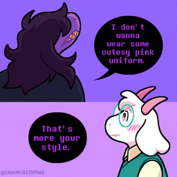 2_horns 2_panel_comic anthro biped blue_background blush blush_lines brown_hair clothed clothed_anthro clothed_female clothed_male clothing cute_fangs dialogue duo eyewear fangs female female_anthro floppy_ears fur glasses hair horn long_hair male male_anthro pink_eyes pink_horn purple_background purple_body purple_scales rear_view scales side_view simple_background snout speech_bubble talking_to_another teeth text three-quarter_view wearing_glasses white_body white_fur yellow_sclera yellow_teeth unamusedyams deltarune undertale_(series) ralsei susie_(deltarune) bovid caprine darkner goat mammal scalie 1:1 2026 artist_name digital_drawing_(artwork) digital_media_(artwork) english_text hi_res trans_(lore) trans_woman_(lore)