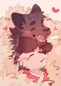 anthro black_body black_eyes black_fur blush blush_lines clothing duo eyes_closed floppy_ears fur heart_symbol male red_clothing red_shirt red_topwear shirt topwear white_body white_fur hemuchang pots_(hemuchang) shin_(hemuchang) canid canine canis domestic_dog felid mammal pantherine 2022 hi_res