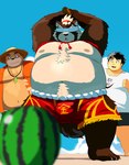 anthro belly big_belly blindfold bottomwear bulge clothing food fruit group hat headgear headwear kemono male melon moobs nipples open_mouth overweight overweight_male plant shirt shorts straw_hat swimwear topwear watermelon 9dtq0 lifewonders tokyo_afterschool_summoners chubby_protagonist_(tas) goemon_(tas) protagonist_(tas) volos_(tas) bear canid canine human mammal raccoon_dog tanuki 2024 absurd_res hi_res