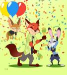 anthro attached_to_balloon balloon balloon_support barefoot clothed clothing dancing feet female fur group hanging_from_balloon happy inflatable inflatable_support looking_at_viewer male party unimpressed skelly_doll disney zootopia finnick_(zootopia) judy_hopps nick_wilde canid canine fennec_fox fox lagomorph leporid mammal rabbit red_fox true_fox 2019 absurd_res hi_res