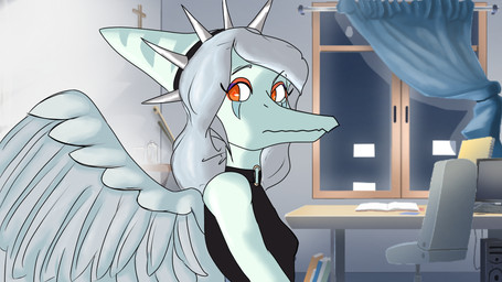 anthro black_clothing chair clothed clothed_anthro clothing collar computer cross electronics female furniture grey_hair hair long_hair long_snout looking_back makeup snout solo spiked_collar spikes window wings yakkokatto cavemanon_studios goodbye_volcano_high ko_op_(game_developer) snoot_game fang_(gvh) prehistoric_species pterosaur reptile scalie 16:9 digital_media_(artwork) hi_res unavailable_at_source widescreen
