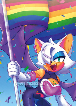anthro armor armwear big_ears blue_eyeshadow bodysuit breastplate clothing confetti crossgender ear_piercing ear_ring elbow_gloves eyeshadow femboy flag flag_(object) ftm_crossgender gloves handwear holding_flag holding_object lgbt_pride makeup male one_eye_obstructed one_fang open_mouth open_smile piercing pride_colors rainbow_flag rainbow_pride_flag rainbow_symbol ring_piercing skinsuit smile solo spread_wings tan_body tan_skin tight_clothing tongue wings nikkikaji sega sonic_the_hedgehog_(series) rogue_the_bat_(nikkikaji) rouge_the_bat bat mammal hi_res watermark