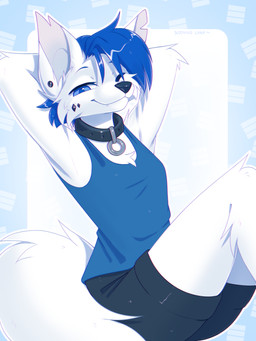 anthro arm_tuft black_bottomwear black_clothing black_collar black_nose black_shorts blue_clothing blue_eyes blue_hair blue_topwear bottomwear cheek_tuft closed_smile clothed clothing collar ear_piercing elbow_tuft facial_tuft fangs female female_anthro fur glistening glistening_eyes hair hands_behind_head knee_tuft leg_tuft looking_at_viewer mouth_closed one_eye_closed pattern_background piercing short_hair shorts simple_background sitting smile solo teeth topwear tuft white_body white_fur bloominglynx canid canine mammal 3:4 absurd_res digital_drawing_(artwork) digital_media_(artwork) hi_res