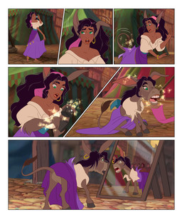 6_panel_comic anklet barefoot being_watched black_hair border bottomwear breasts brown_body brown_fur cleavage clothed clothed_feral clothing crowd dark_body dark_skin ear_piercing ear_ring ear_twitch eyebrows feet female feral feral_with_hair forced forced_transformation fur green_eyes group growth hair hoop_ear_ring hooves human_to_feral jewelry long_hair looking_at_another looking_at_mirror looking_at_object looking_down looking_down_at_self mid_transformation mirror on_model open_mouth outside piercing ring_piercing sarong shirt single_ear_ring skirt solo_focus species_transformation standing tail tail_growth tearing_clothing thick_eyebrows topwear torn_bottomwear torn_clothing torn_shirt torn_skirt torn_topwear transformation white_border nippy13 disney the_hunchback_of_notre_dame_(1996) esmeralda_(disney) asinus donkey equid equine human mammal comic hi_res