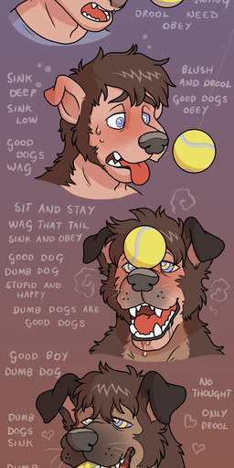 anthro ball black_nose blue_eyes bodily_fluids brown_body brown_fur clothing cross-eyed dialogue drooling four_frame_sequence fur fur_growth good_boy good_dog growth half-closed_eyes human_to_anthro hypnosis hypnotic_eyes intelligence_loss male mind_control narrowed_eyes offscreen_character ringed_eyes saliva sharp_teeth shirt simple_background snout snout_growth solo species_transformation sweat teeth tennis_ball text tongue tongue_out topwear transformation transformation_sequence transformation_through_hypnosis whiskers blueballs canid canine human mammal 2025 colored digital_drawing_(artwork) digital_media_(artwork) english_text hi_res sequence