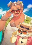 aloha_shirt anthro boater_hat body_hair chest_hair clothing duo eyewear fur grin hat headgear headwear male pattern_clothing pattern_shirt pattern_topwear shirt short_stack smile sunglasses topwear yellow_body yellow_fur hozunomi lifewonders live_a_hero gomeisa procy canid canine canis domestic_dog humanoid mammal