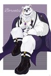 anthro belly bottomwear clothing eyebrows footwear fur garter_belt garter_belt_socks garter_straps male overweight shorts sitting socks solo suspenders thick_eyebrows white_body white_fur hara_hara_surum lifewonders live_a_hero borealis_(live_a_hero) bear mammal polar_bear ursine hi_res