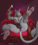 5_fingers anthro anus balls black_balls black_penis bracelet chair clock fingers foreskin fur furniture genitals gold_(metal) grey_body grey_fur gun jewelry male muscular necklace on_chair pawpads penis ranged_weapon saggy_balls simple_background sitting sitting_on_chair solo spread_legs spreading tail tail_anus watch weapon doubleamocha thomas_takayama sergal absurd_res hi_res