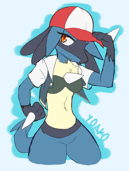 anthro black_body black_fur blue_body blue_fur bottomless bra breasts chest_spike clothed clothing featureless_crotch female fur gender_transformation hat headgear headwear implied_transformation mtf_transformation partially_clothed pupils red_eyes slit_pupils solo spikes spikes_(anatomy) tan_body tan_fur thick_thighs transformation underwear yoako nintendo pokemon ash_ketchum canid canine generation_4_pokemon lucario mammal pokemon_(species) hi_res signature