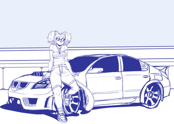 anthro bottomwear bracelet breasts car clothed clothing curly_hair eyebrow_piercing facial_piercing female fully_clothed hair heart_sunglasses jewelry leaning_on_object necklace nose_piercing piercing pigtails shirt shorts simple_background solo t-shirt topwear vehicle gulasauce_(artist) katrina_del_mar domestic_cat felid feline felis majarean mammal absurd_res blue_and_white hi_res monochrome