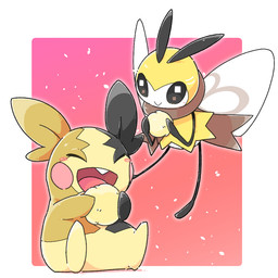 ambiguous_gender duo feral food happy holding_food holding_object multicolored_body open_mouth pink_cheeks red_background shadow simple_background sitting stick_arms stick_calves stick_legs stick_limbs stick_thighs thin_calves thin_legs thin_thighs tongue white_background yellow_body chaba nintendo pokemon arthropod generation_7_pokemon generation_8_pokemon morpeko morpeko_(full_belly_mode) pokemon_(species) ribombee 1:1