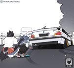 anthro bodily_fluids breasts broken_heart butt car car_crash clothed clothing comforting crash crying dialogue duo ellipsis feathers female fluffy fluffy_tail footwear guard_rail hair head_tuft male shoes smoke speech_bubble tail tail_feathers tears tears_drop text tire_marks tuft vehicle waterfall_tears tianiseul bmw bmw_e36 bmw_m3 avian bird canid canine mammal hi_res url