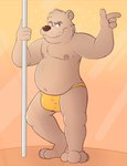 anthro belly brown_body brown_fur bulge clothed clothing cute_fangs detailed_bulge fangs fur genital_outline humanoid_hands male moobs navel nipples overweight overweight_anthro overweight_male penis_outline pole solo stripper stripper_pole teeth topless underwear calzone_(artist) timbear_(character) bear mammal 2017 hi_res