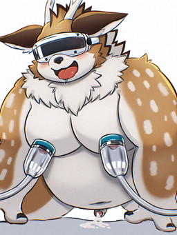 anthro balls belly blush bodily_fluids brown_body brown_fur cum erection foreskin fur genital_fluids genitals looking_pleasured machine male markings masturbation milking_machine moobs navel nipple_fetish nipple_play nipple_suckers nipple_suction nipples nude orgasm overweight penis solo spots spotted_body spotted_fur tongue tongue_out vr_headset yukumaru3 tamacolle kazusa deer mammal 3:4 absurd_res hi_res