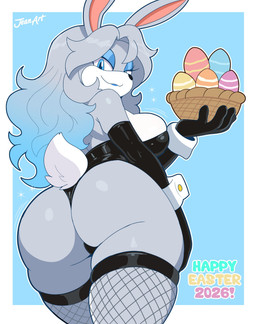 anthro armwear bare_shoulders basket big_breasts big_butt black_clothing black_gloves black_handwear black_leotard black_nose blue_eyeshadow blue_hair blue_lipstick border breasts bunny_costume butt clothed clothing container costume easter_egg elbow_gloves eyelashes eyeshadow female fishnet_clothing fishnet_legwear fishnet_thigh_highs gloves grey_hair hair handwear holding_basket holding_container holding_object holidays legwear leotard lipstick long_ears looking_at_viewer looking_back makeup motion_lines multicolored_hair rear_view shirt_cuffs skimpy smile solo strapless_clothing strapless_leotard text thick_thighs thigh_highs two_tone_hair white_border jeanart easter sega sonic_the_hedgehog_(series) eleonor_lunaris fan_character lagomorph leporid mammal rabbit 2026 artist_name hi_res