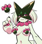 anthro blush bodily_fluids breasts censored_breasts eyelashes female fur green_body green_fur green_tail mask medium_breasts pawpads paws pink_eyes pink_nose plant simple_background solo sweat tail white_background gut0002 nintendo pokemon generation_9_pokemon meowscarada pokemon_(species) censored hi_res