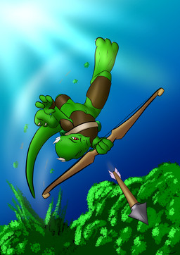action_pose anthro armor arrow_(weapon) bow_(weapon) bracers claws clothing detailed_background digitigrade eyebrows female green_body holding_object holding_weapon horn jumping looking_at_viewer one_eye_closed outside plant pose pupils quiver_(object) ranged_weapon slit_pupils solo sun toe_claws tree weapon danaume kobold scalie hi_res