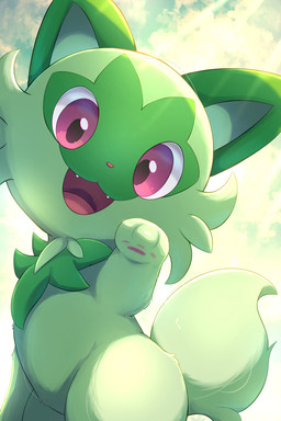 3_toes ambiguous_feral ambiguous_gender blue_sky cheek_tuft cloud daww day facial_tuft fangs feet feral fur green_body green_ears green_fur green_tail light light_beam open_mouth open_smile outside pawpads paws pink_eyes pink_nose pink_pawpads pink_tongue pointy_ears prick_ears pupils quadruped sky smile solo sunbeam sunlight tail teeth toes tongue tuft rumine nintendo pokemon felid feline generation_9_pokemon mammal pokemon_(species) sprigatito 2025 2:3 hi_res lighting shaded