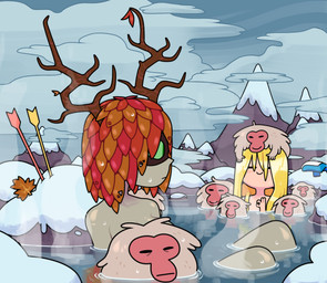 ambiguous_gender antlers arrow_(weapon) bangs bathing blonde_hair breasts casual_nudity cleavage clothed clothing cloud female feral fur green_eyes grey_body grey_skin group hair horn hot_spring leaf leaf_hair long_hair mask mixed_bathing mountain nude nude_female outdoor_nudity partially_submerged plant plant_hair pseudo_hair ranged_weapon sitting smile snow toony water weapon wet wet_body discount-supervillain adventure_time cartoon_network finn_the_human huntress_wizard elemental_creature elemental_humanoid flora_fauna human humanoid mammal plant_humanoid primate