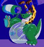 2011 3_toes 5_fingers alligator alligatorid animate_inanimate anthro bdsm belly big_belly blue_hair bondage bound claws crocodilian cuff_(restraint) digital_drawing_(artwork) digital_media_(artwork) feet fingers frisky-lime glistening goo_transformation hair hyena inflatable liquid_latex living_inflatable male mammal nozzle nude pool_toy reptile restraints scalie simple_background smile solo spots spotted_hyena submissive submissive_male swatcher teeth toe_claws toes toony transformation vinyl wrist_cuffs