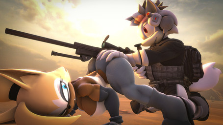 all_fours anthro armor ass_up backpack blonde_hair blue_eyes body_armor bodysuit boots breasts brown_body butt cleavage clothed clothing cloud confusion desert duo fangs female footwear fur gloves gun hair hand_on_butt handwear holding_object holding_weapon jack-o'_pose knee_pads light looking_at_another looking_back looking_back_at_another male pose ranged_weapon red_eyes rifle shoes skinsuit smile sniper_rifle sun sunlight teeth tight_clothing topwear vest weapon white_body white_fur white_hair juicyducksfm idw_publishing sega sonic_the_hedgehog_(comics) sonic_the_hedgehog_(idw) sonic_the_hedgehog_(series) adam_(juicyducksfm) fan_character whisper_the_wolf canid canine canis mammal wolf 16:9 3d_(artwork) digital_media_(artwork) hi_res widescreen