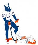 anthro ballbusting bottomless bulge clothed clothing cock_and_ball_torture duo footwear genital_torture male simple_background stomping 9x9 denver_broncos indianapolis_colts nfl blue_(mascot) miles_(mascot) equid equine horse mammal 2017 hi_res