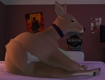 collar collar_only detailed_background female feral looking_at_viewer looking_back lying nude on_side solo doriyote blender_eevee juniper_(laserkitten) deer mammal new_world_deer white-tailed_deer 3d_(artwork) blender_(artwork) digital_media_(artwork) hi_res