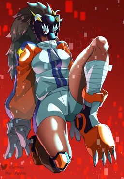 bottomwear clothing dark_body dark_skin female hair mask ponytail raccoon_tail_hair red_eyes shorts solo track_jacket zipper 1cantdraw bandai_namco digimon digimon_beatbreak digimon_(species) humanoid absurd_res hi_res