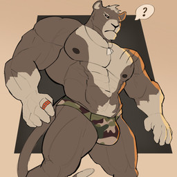 abs accessory anthro big_chest black_sclera camo clothed clothing dog_tags jewelry looking_at_viewer male muscular muscular_male necklace nipples pecs question_mark ring ring_(jewelry) solo speedo speedo_only swimwear topless rolenzoart felid feline mammal 1:1 hi_res