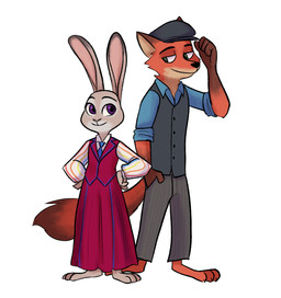 3_toes 4_fingers anthro barefoot big_eyes black_ear_tips bottomwear brown_body brown_ear_tips brown_fur clothed clothing dipstick_ears dipstick_tail duo ear_markings feet female fingers flat_cap fully_clothed fur gloves_(marking) green_eyes grey_body grey_fur hand_in_pocket hands_on_hips happy hat headgear headwear long_ears looking_aside male markings multicolored_body multicolored_ears multicolored_fur multicolored_tail necktie orange_body orange_fur pants pockets pose purple_eyes raised_arm rolled_up_sleeves shirt simple_background skirt smile standing tail tail_markings toes topwear vest white_background mmabelpines disney newsies zootopia judy_hopps nick_wilde canid canine fox lagomorph leporid mammal rabbit red_fox true_fox 2016 digital_media_(artwork)