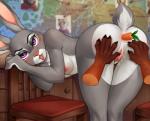 2019 anal anal_penetration anthro anus bodily_fluids breasts butt chair disembodied_hand disney duo female fur furniture genital_fluids genitals grey_body grey_fur inside judy_hopps lagomorph leporid looking_at_viewer mammal nipples nude penetration pink_nose purple_eyes pussy rabbit scut_tail short_tail tail teasfox tongue tongue_out vaginal_fluids zootopia
