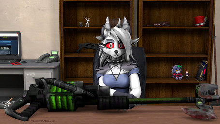 ashtray book bookshelf chaos_space_marine cigarette clothing computer desk electronics female furniture gauss_flayer hat headgear headwear jenny_belle laptop melee_weapon miniature_model phone plushie ranged_weapon raygun scabbard solo spas-12 sword table weapon a._saveli slipperyt aeridiccore_(modeler) apixelitonomo_(modeler) five_nights_at_freddy's five_nights_at_freddy's:_security_breach forgotten_weapons hellaverse helluva_boss mythology scottgames steel_wool_studios warhammer_(franchise) loona_(helluva_boss) roxanne_wolf sindri_myr_(dawn_of_war) vanny_(fnaf) canid canid_demon canine canis demon hellhound lagomorph leporid mammal mythological_canine mythological_creature necron rabbit wolf 3d_(artwork) absurd_res digital_media_(artwork) hi_res source_filmmaker_(artwork)