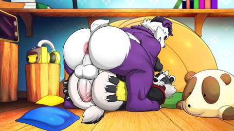 anthro anus anvil_position bedroom bookshelf butt butt_grab claws clothing electronics feet finger_claws fingerless_gloves from_front_position furniture genitals gloves hair hand_on_butt handwear headphones inside legs_up looking_at_another looking_pleasured lying male male/male nude on_back on_ground penis penis_on_butt plushie sex toe_claws seyrmo bradley_the_badger bradley_(bradley_the_badger) panfluff_(xpanda6) badger bear giant_panda mammal mustelid musteline 16:9 4k absurd_res hi_res widescreen