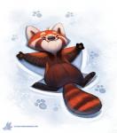 ambiguous_gender black_body black_eyes black_fur brown_body brown_fur feral footprint fur red_body red_fur smile snow snow_angel solo text white_body white_fur piper_thibodeau ailurid mammal red_panda digital_media_(artwork) digital_painting_(artwork) url