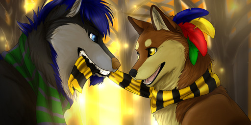 autumn bite black_body black_fur blue_body blue_eyes blue_fur brown_body brown_fur detailed_background duo feathers female feral forest fur love male male/female mostly_nude mouth_hold outside plant scarf season smile sunset tree tug warm yellow_eyes hashire hashire_(character) zekestar canid canine canis domestic_dog hybrid mammal wolf 2:1 bust_portrait digital_media_(artwork) icon linked_icons portrait