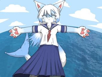 anthro blind blue_body blue_eyes blue_fur clothing day disability female fur pawpads pink_pawpads prosthetic prosthetic_leg prosthetic_limb sea solo standing uniform water white_body white_fur kemonoyao domestic_cat felid feline felis hybrid mammal 4:3