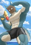 anthro bag_over_head blue_body blue_fur boxer_briefs boxers_(clothing) bulge clothing fur male muscular muscular_male sea sky solo toy toy_gun underwear water water_gun bassu_kun bassukun bag_wolf_(bokko) canid canine canis mammal wolf absurd_res hi_res