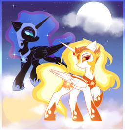 1_horn black_body black_horn black_sclera black_wings blonde_hair blue_eyes blue_hair blue_sclera cloud cutie_mark duo eyelashes feathered_wings feathers female female_feral feral hair highlights_(coloring) hooves horn markings moon mouthless orange_eyes orange_hooves purple_highlights purple_hooves quadruped sky sparkles sparkling_hair sun sun_(marking) tail white_body white_horn white_wings wings yellow_tail nnalyart friendship_is_magic hasbro my_little_pony mythology daybreaker_(mlp) nightmare_moon_(mlp) equid equine mammal mythological_creature mythological_equine winged_unicorn absurd_res digital_drawing_(artwork) digital_media_(artwork) flat_colors hi_res paintstorm_(artwork)