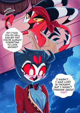 4_eyes alternate_color alternate_universe anthro back_spines bandanna_on_forehead barrel beak black_beak blue_body blue_feather_hair blue_feathers blue_hair blush blush_lines canon_couple chest_tuft clothed clothing cloud coat dialogue duo embarrassed embarrassed_male eyebrows feather_hair feather_tuft feathers floor fluffy fluffy_chest glowing_pupils hair half-closed_eyes horn kerchief looking_down looking_down_at_another looking_up looking_up_at_another male male/male markings multi_eye multicolored_body narrowed_eyes night open_clothing open_mouth open_shirt open_smile open_topwear outside pirate profanity pseudo_hair pupils raised_eyebrow red_body red_eyes red_sclera ship shirt short_hair sky slit_pupils smile spade_tail speech_bubble spiked_tail spikes spikes_(anatomy) spines standing star starry_sky striped_horn striped_markings striped_tail stripes tail tail_markings text tongue topwear tuft vehicle watercraft white_body wood wood_floor yellow_sclera zero_lawliet hellaverse helluva_boss blitzo_(helluva_boss) stolas_(helluva_boss) avian bird demon demon_humanoid horned_humanoid humanoid imp owl owl_demon english_text hi_res