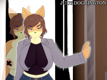anthro areola big_breasts blue_bottomwear blue_clothing blue_pants bottomwear breasts brown_hair clothed clothed_anthro clothed_female clothing door eyebrow_through_hair eyebrows female fur grey_clothing grey_jacket grey_topwear hair inside jacket looking_at_viewer mature_female navel nipple_tape pants pasties pink_areola solo tan_body tan_fur tape text topless topless_anthro topless_female topwear translucent translucent_hair pizzataph judy_(jinu) canid canine canis domestic_dog mammal shiba_inu spitz 3d_(artwork) character_name digital_media_(artwork) english_text half-length_portrait portrait